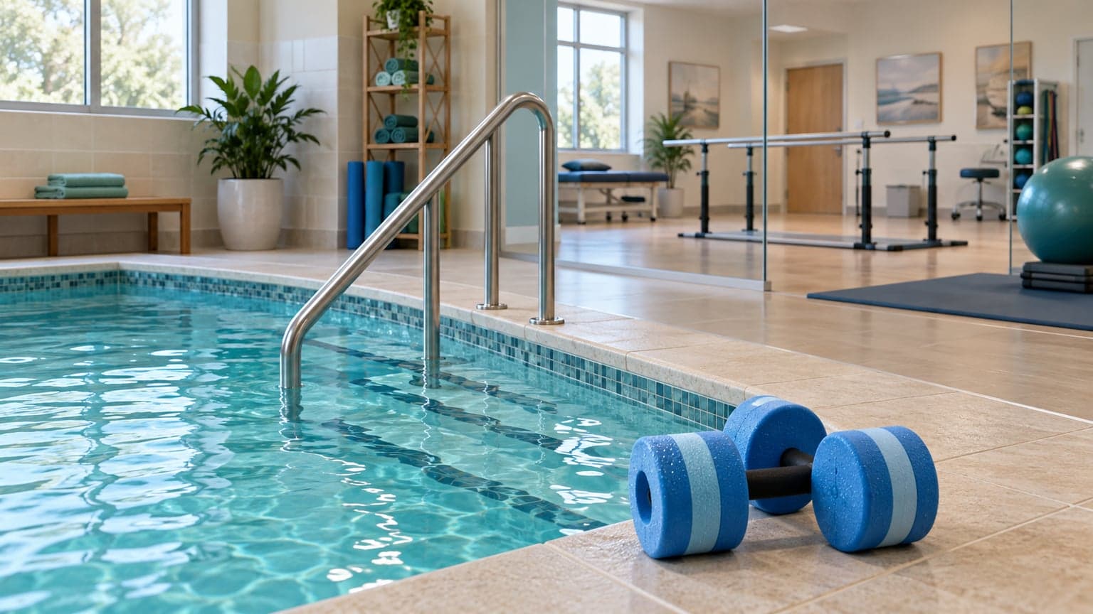 Illustrative therapy pool with aquatic dumbbells beside a physical therapy gym