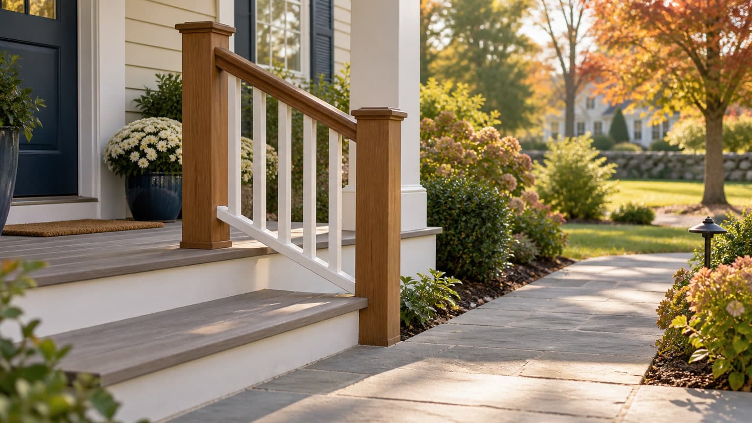 Illustration of a porch handrail beside broad steps and a clear path in early autumn