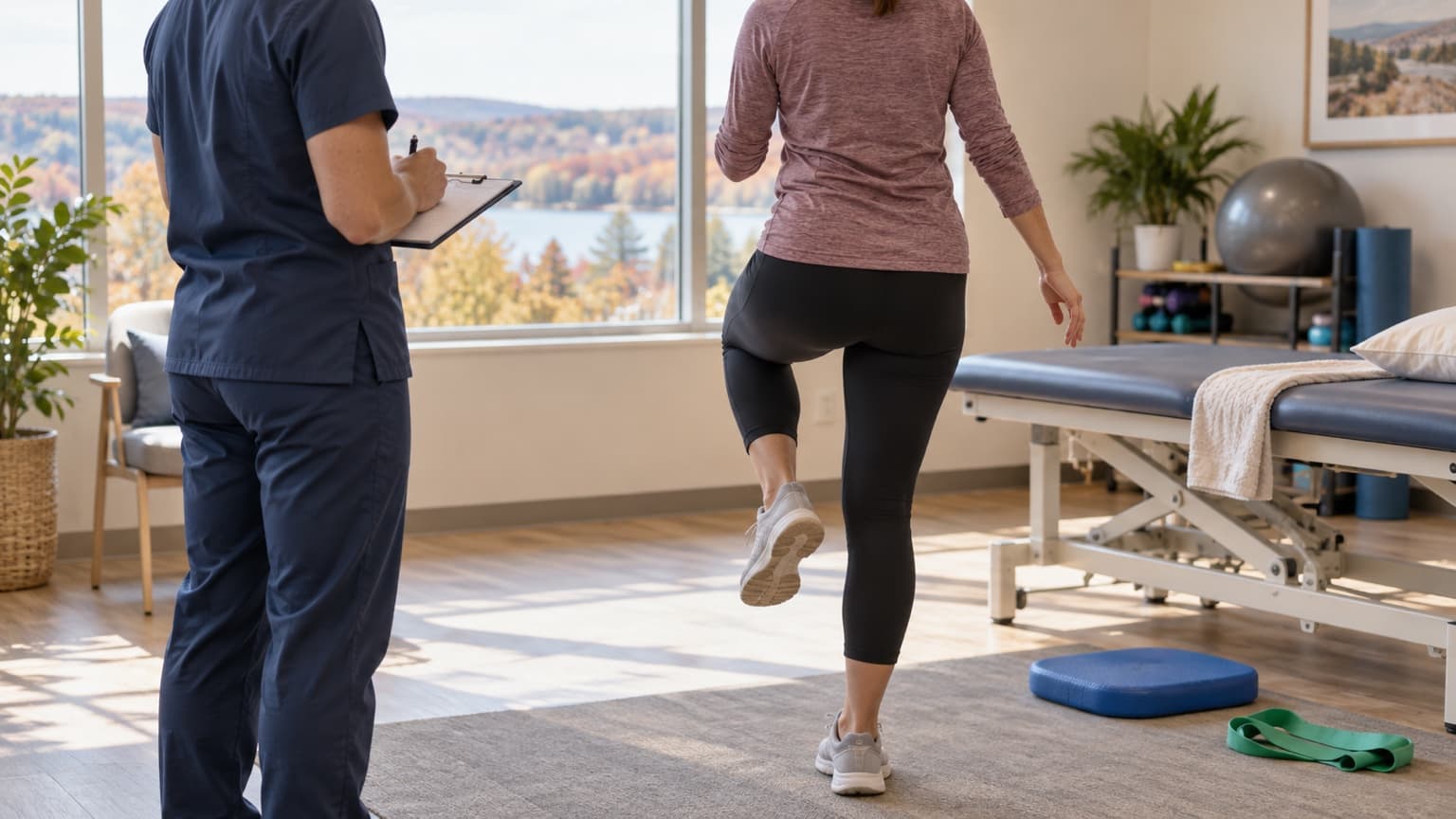 Clinician observes a patient during a movement evaluation in a bright rehabilitation room