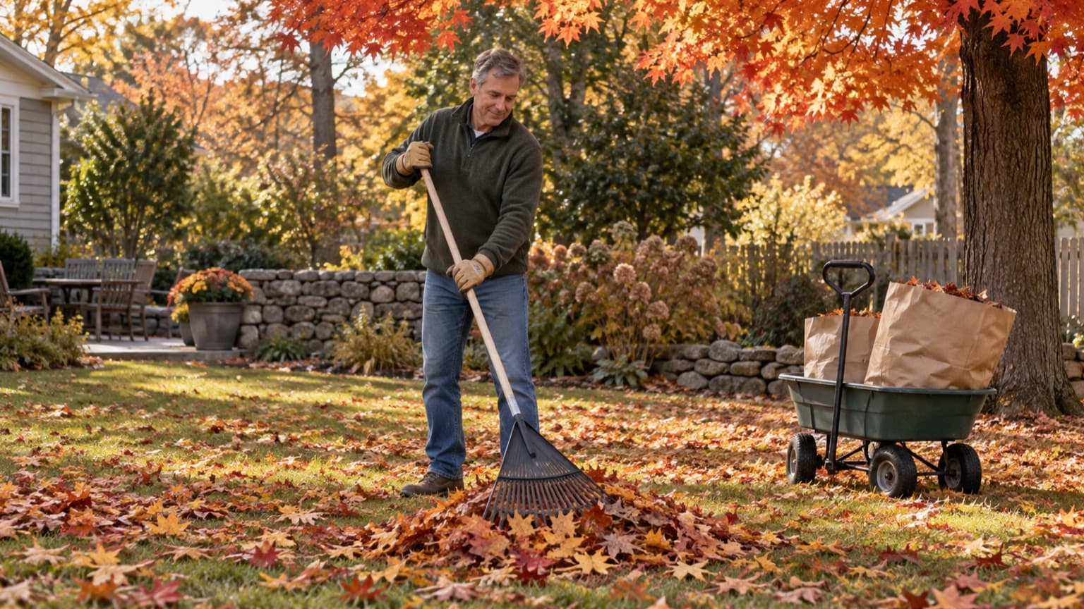 A man raking autumn leaves with an upright posture beside a garden wagon holding filled leaf bags