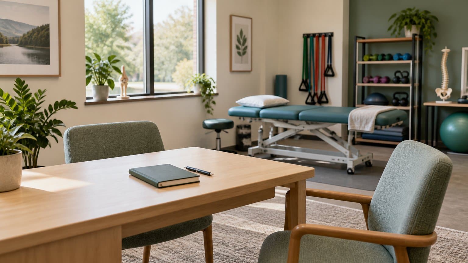 Illustrative physical therapy consultation room with chairs, an examination table, and exercise equipment