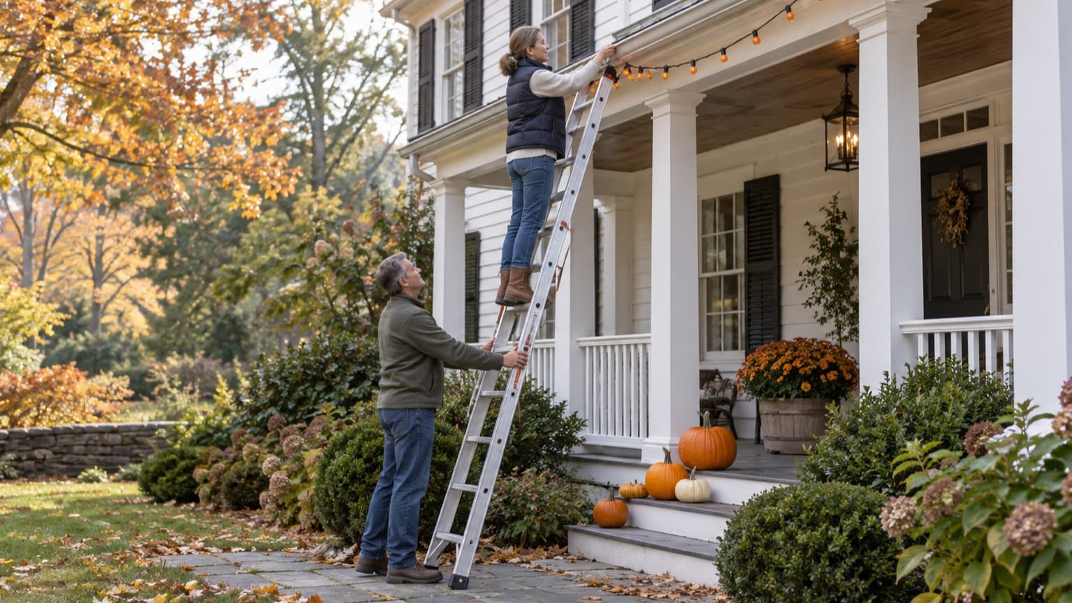 Two adults hang orange lights along a porch gutter, one on an extension ladder and one holding it steady from the ground