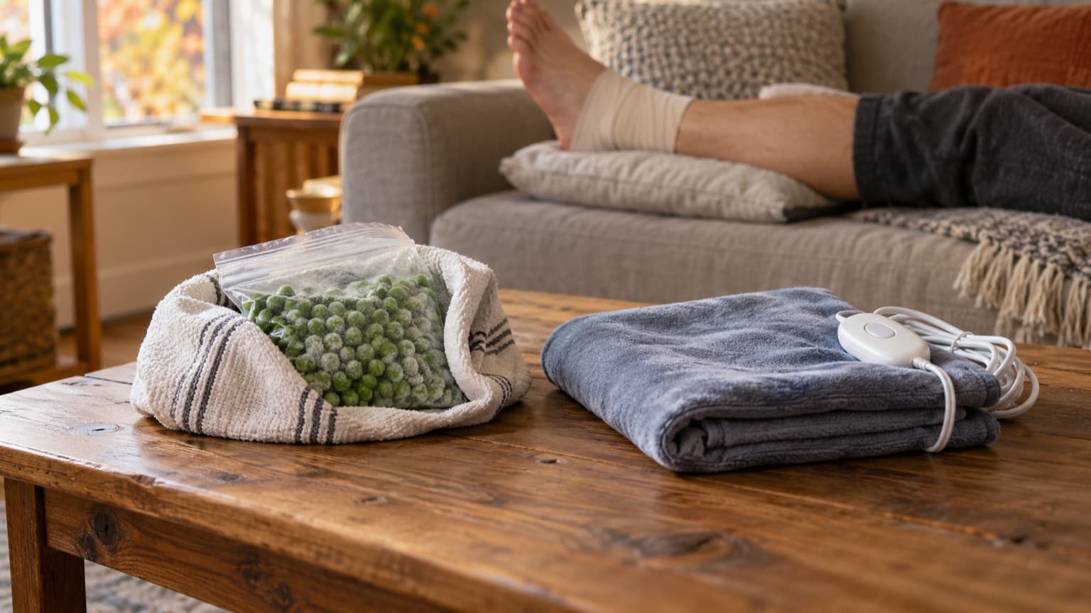 A bag of frozen peas wrapped in a dish towel and a folded heating pad on a coffee table, with a bandaged ankle raised on a pillow on the sofa behind them