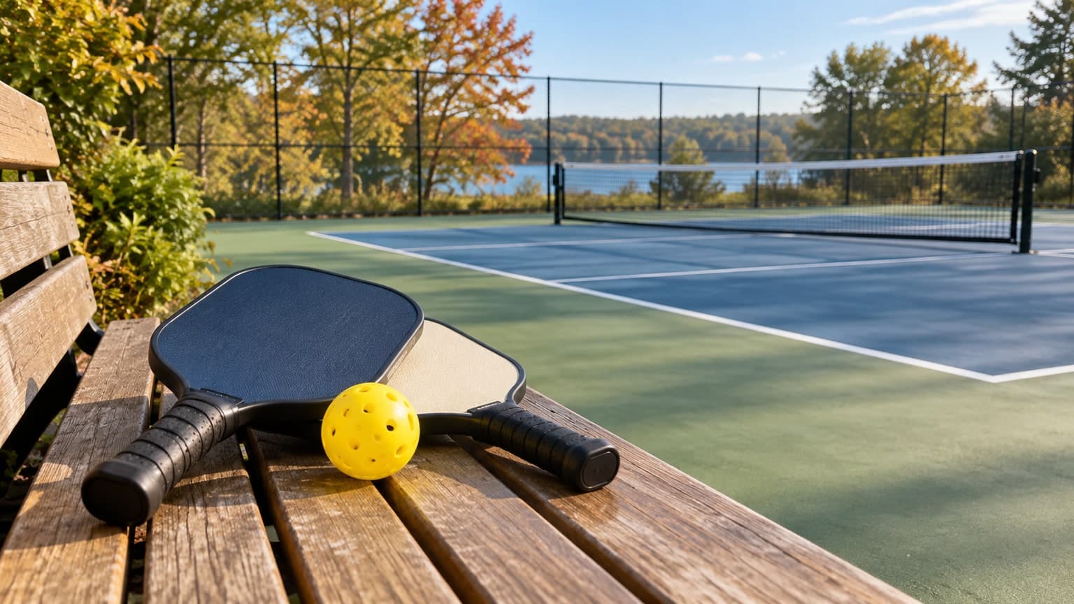 Illustration of pickleball paddles and a yellow ball on a bench beside an empty outdoor court