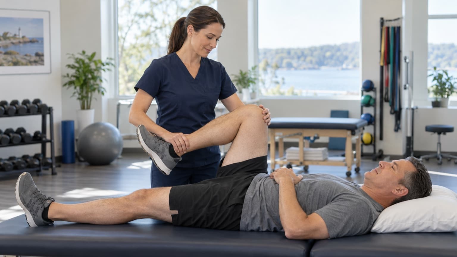A physical therapist supports a patient's bent leg during a gentle exercise on a treatment table