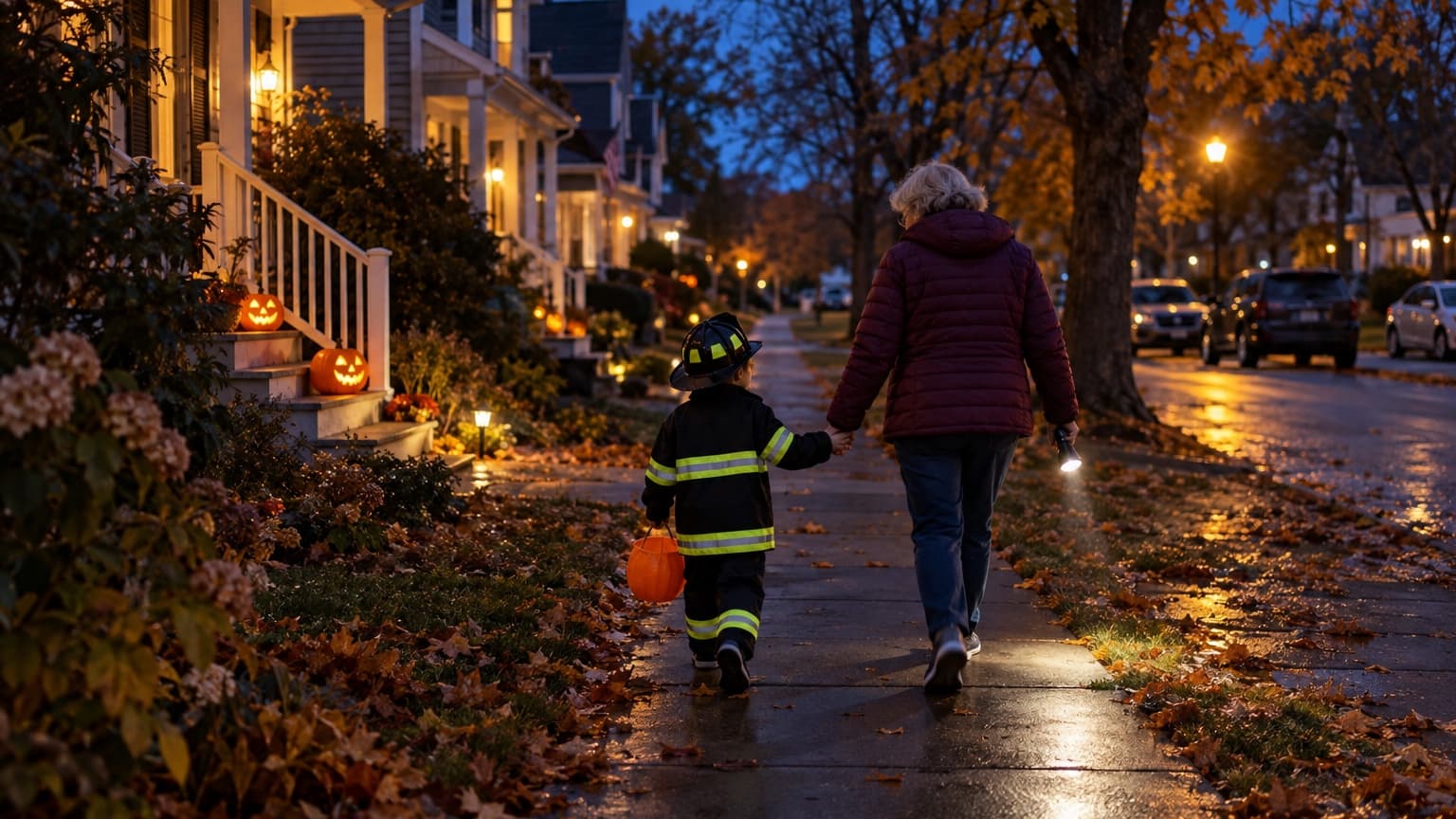 An older woman holding a flashlight walks hand in hand with a child in a firefighter costume with reflective stripes along a leaf-covered sidewalk on Halloween evening