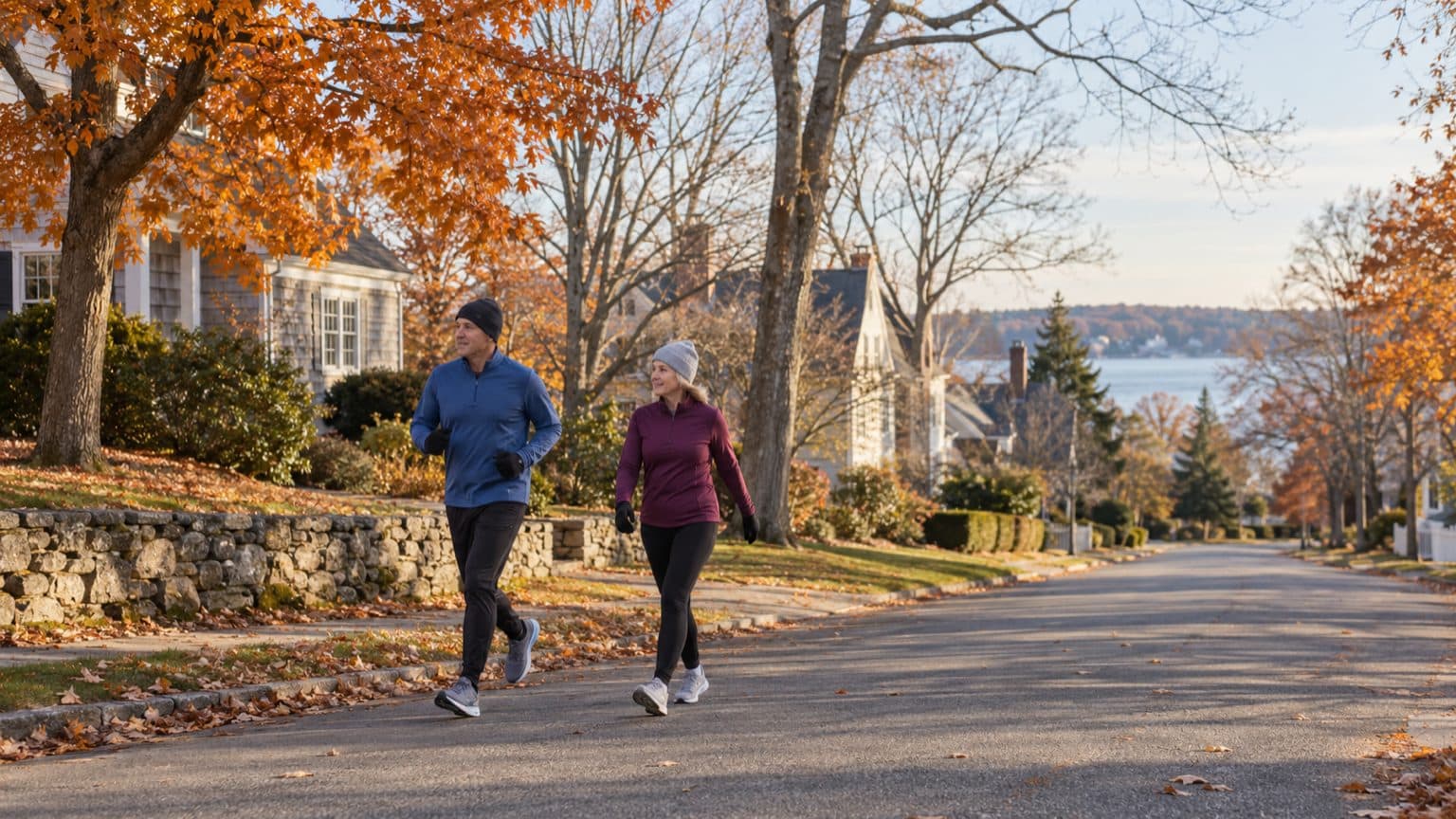 Two older adults, one jogging and one walking, on a residential street lined with autumn trees
