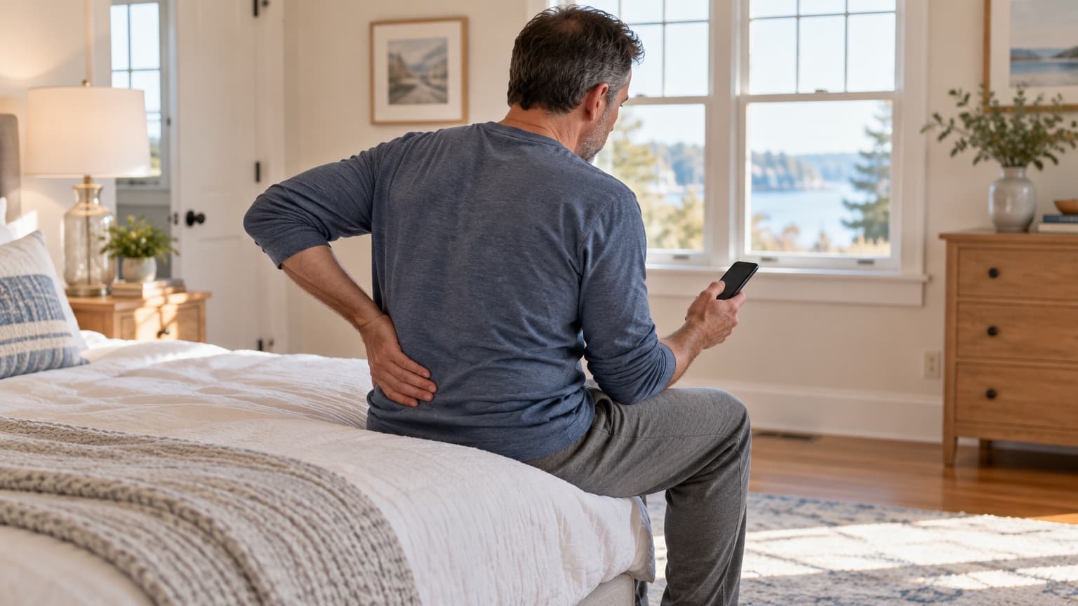 A man sitting on the edge of his bed in the morning, one hand pressed to his lower back and a phone in the other