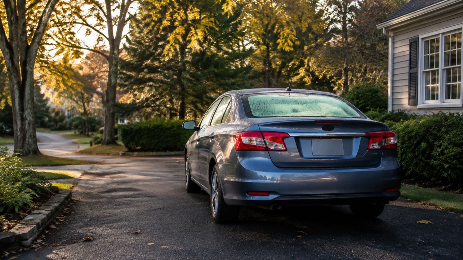 Parked car on a quiet suburban driveway in early morning light