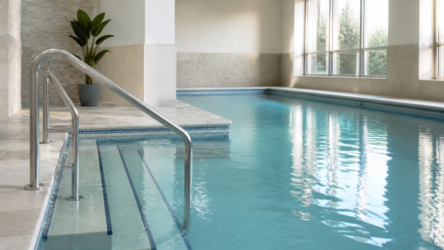 Warm-water therapy pool with a handrail and steps in soft daylight