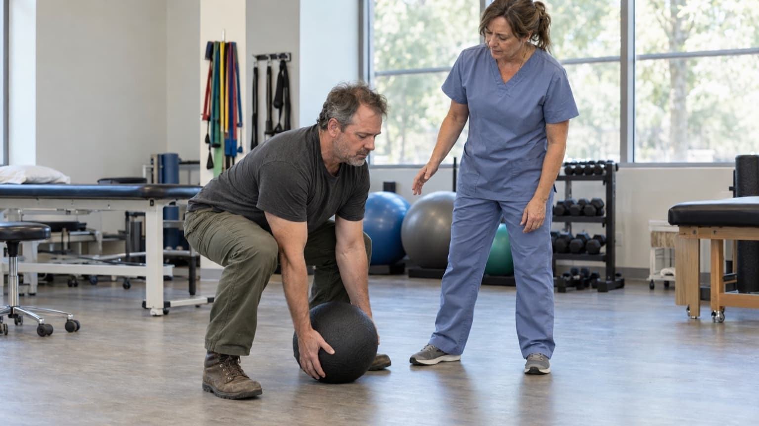 A physical therapist coaches a man as he bends his knees and keeps his back straight to lift a medicine ball in a bright therapy gym